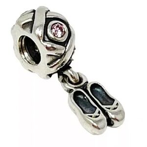 PANDORA 925 Sterling Silver Ballet Slippers Shoes Pink CZ Dangle Charm Bead